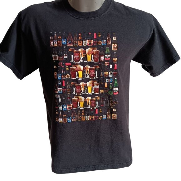 Men's Large Black Tee T-Shirt Beers Bootles of the World FTL ALL COTTON - Picture 1 of 5